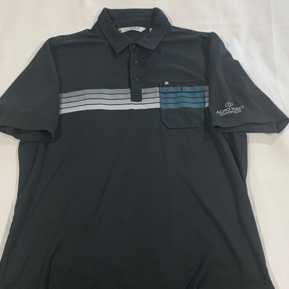 Travis Mathew Black Polo with Gray and Blue Stripes